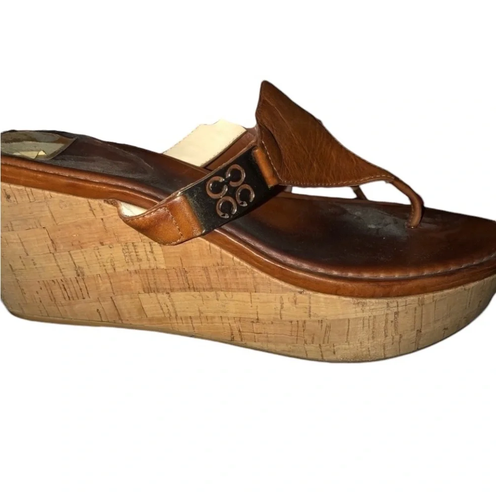 Coach size 10 British Tan / Cognac leather thong heel ,wedge with cork heel